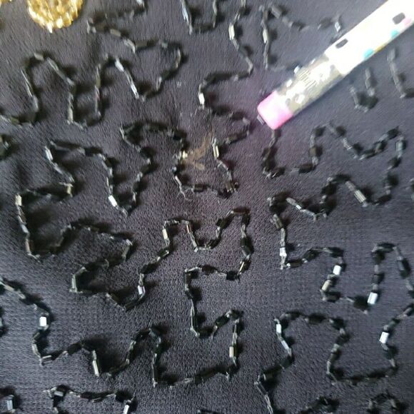 VTG Lourence Kazar Top Blouse Short Sleeves Black Gold Fully Sequins Lined Sz XL - Picture 11 of 15